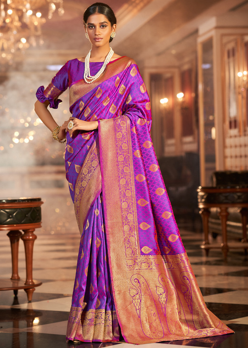 Buy MySilkLove Purple Plum Woven Banarasi Soft Silk Saree Online