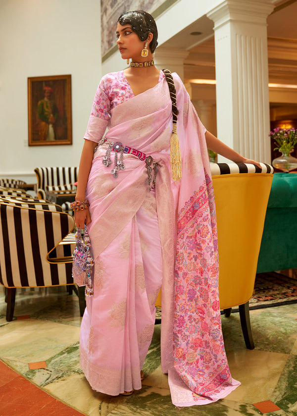Enury Pink Handloom Woven Silk Saree with Kashmiri Pallu