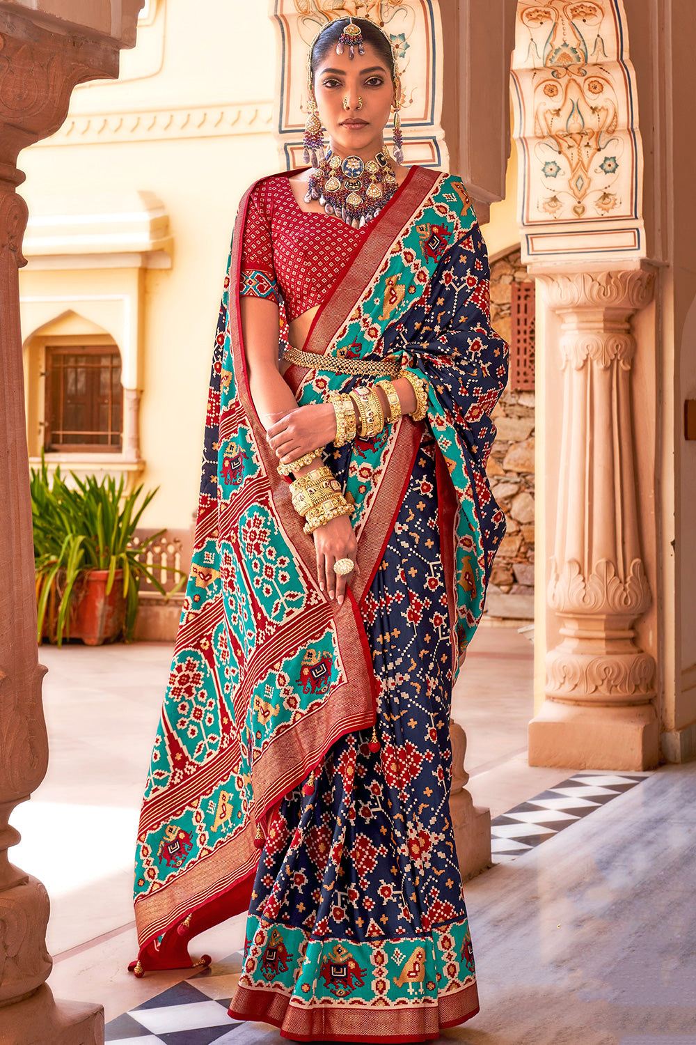 Buy MySilkLove Scarpa Flow Blue Printed Patola Silk Saree Online