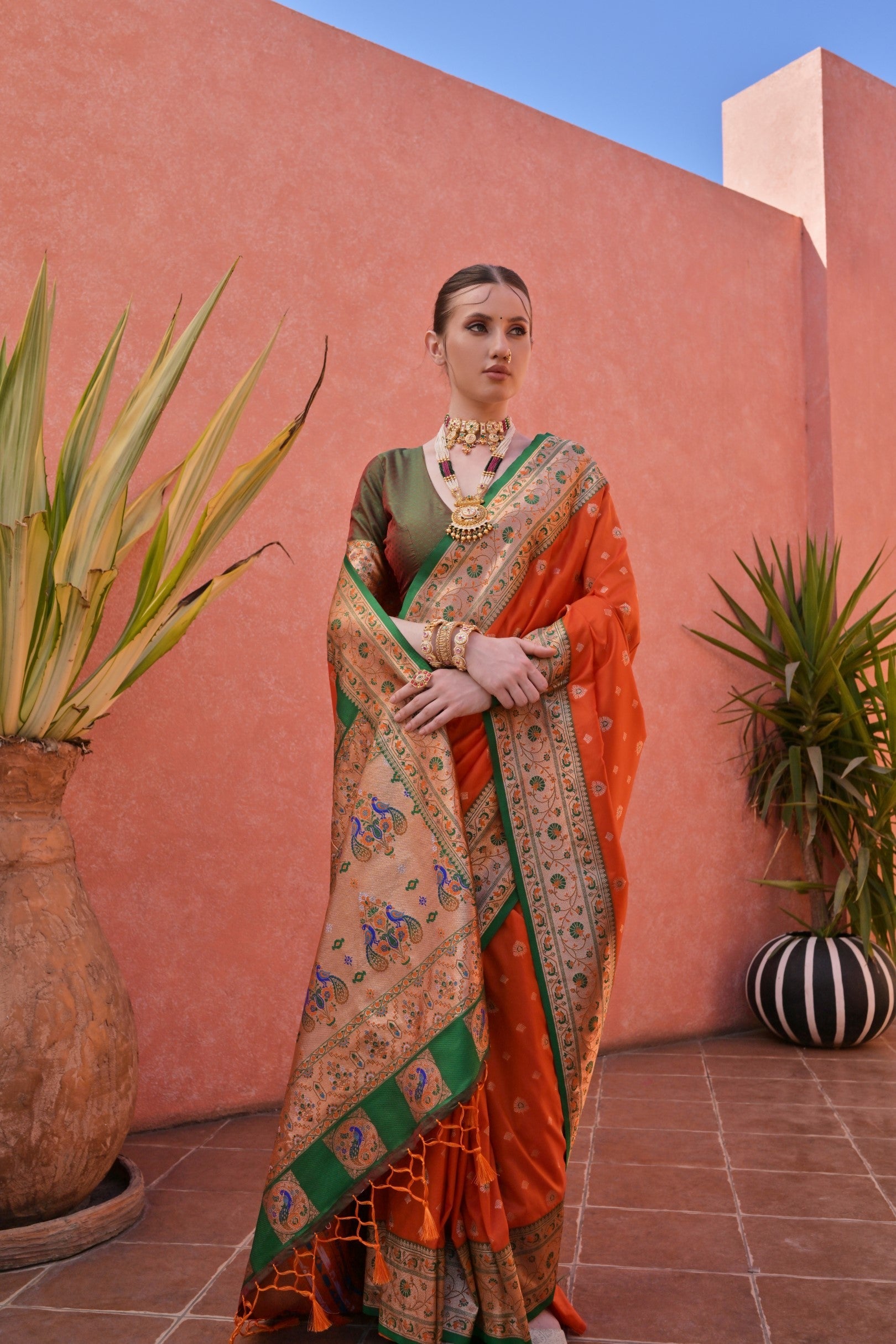 Buy MySilkLove Flame Dark Orange and Green Zari Woven Paithani Saree Online