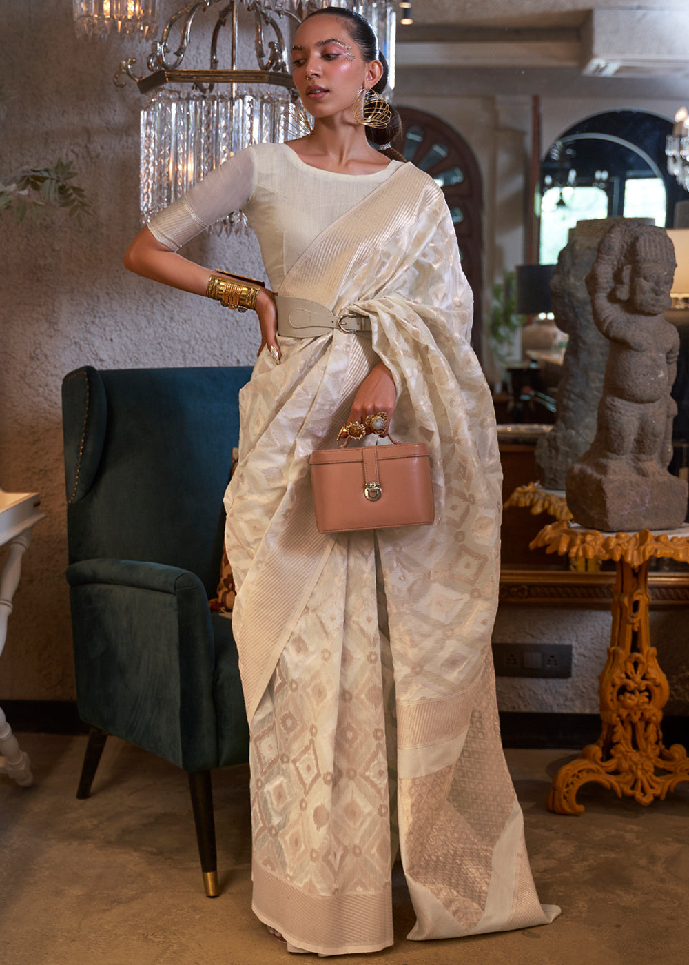 Buy MySilkLove Off White Woven Banarasi Linen Silk Saree Online