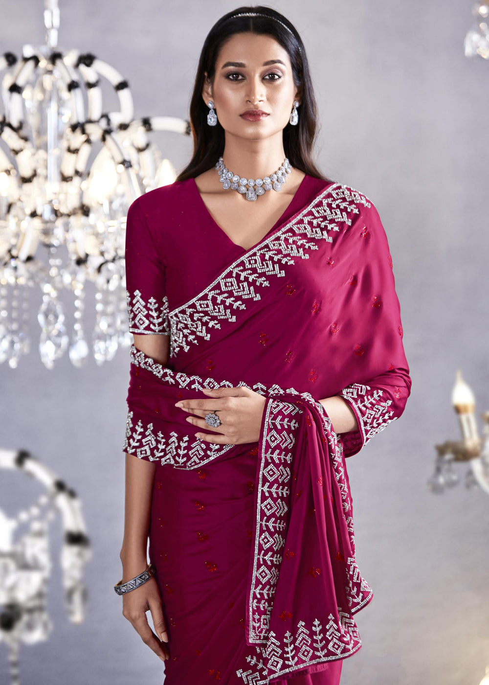 Buy MySilkLove Hibiscus Pink Woven Embroidered Satin Silk Saree Online