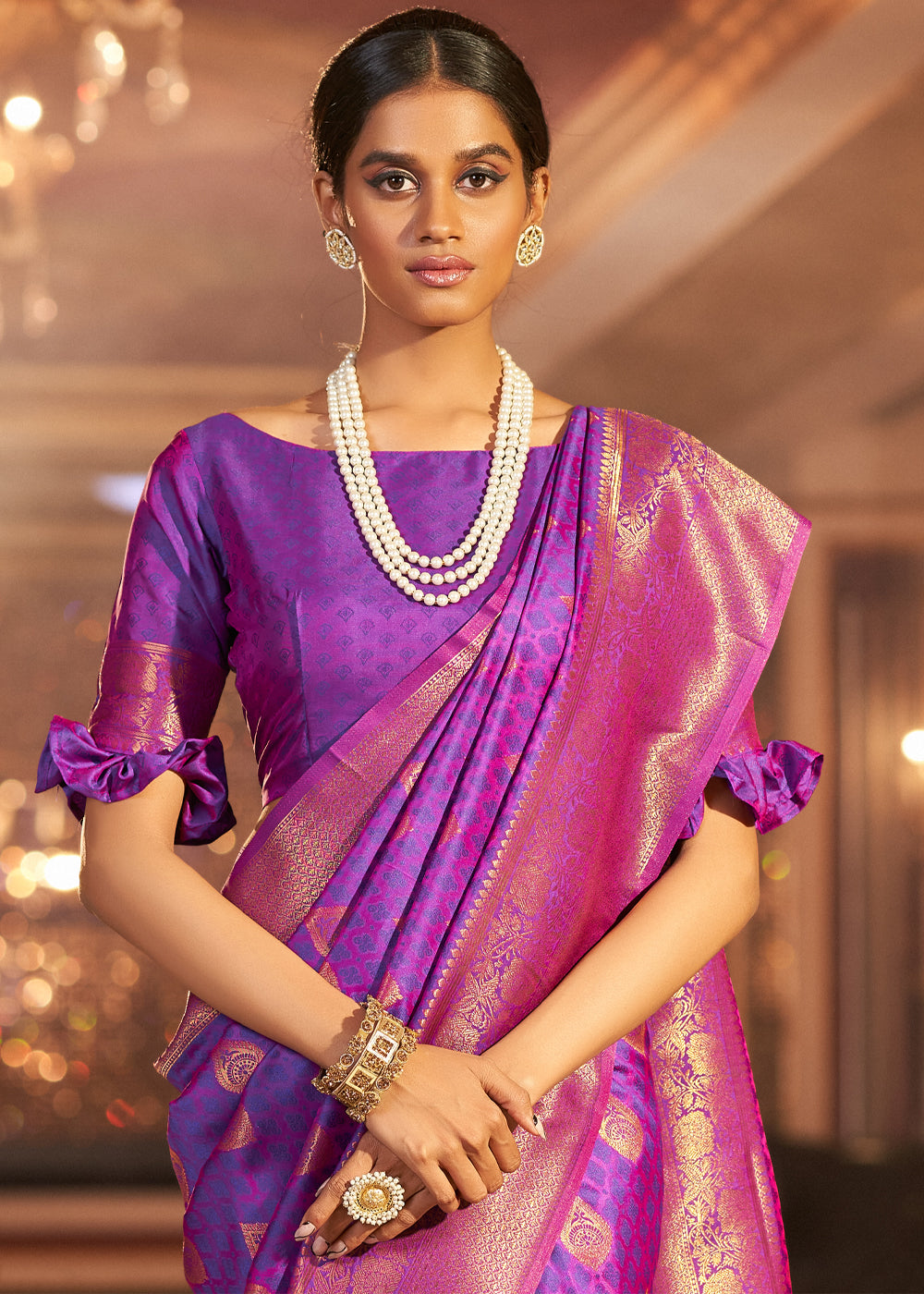 Buy MySilkLove Purple Plum Woven Banarasi Soft Silk Saree Online