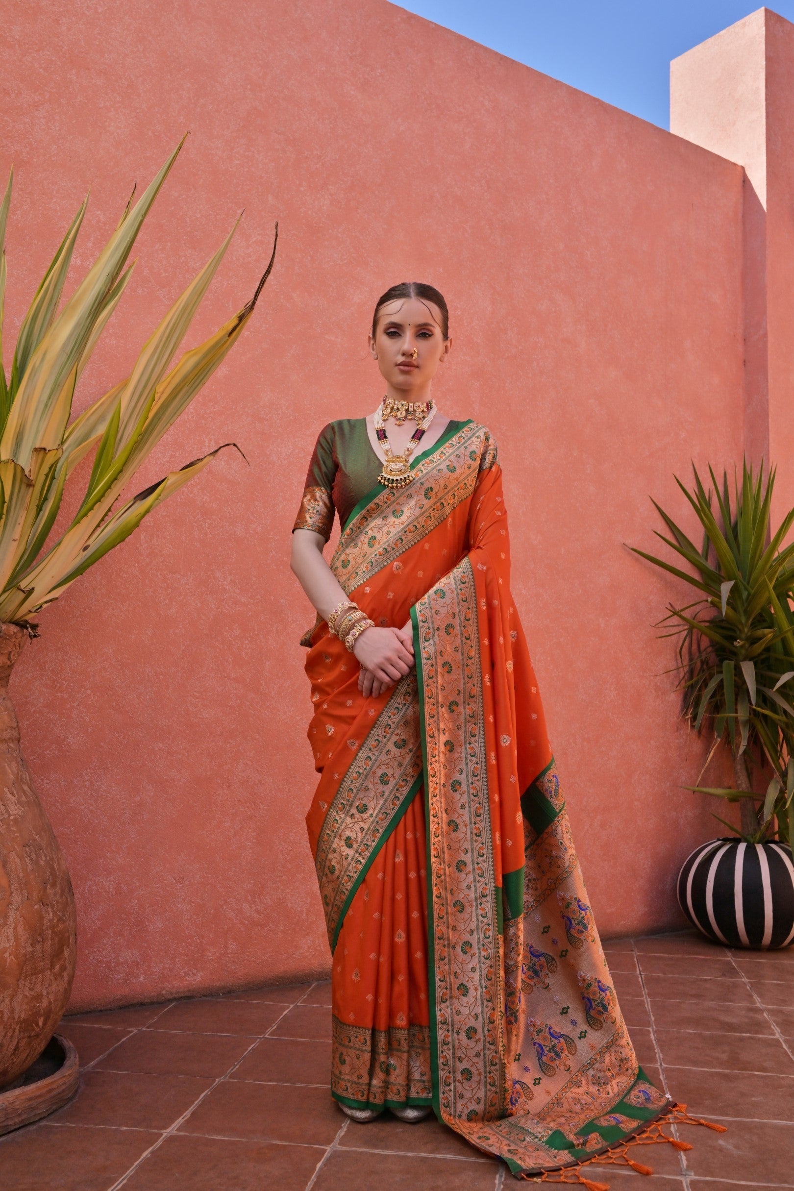 Buy MySilkLove Flame Dark Orange and Green Zari Woven Paithani Saree Online