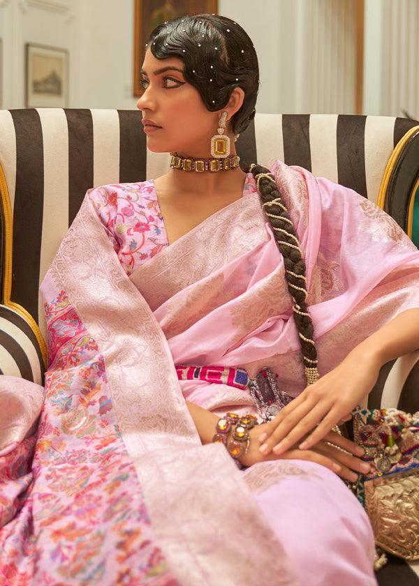 Enury Pink Handloom Woven Silk Saree with Kashmiri Pallu