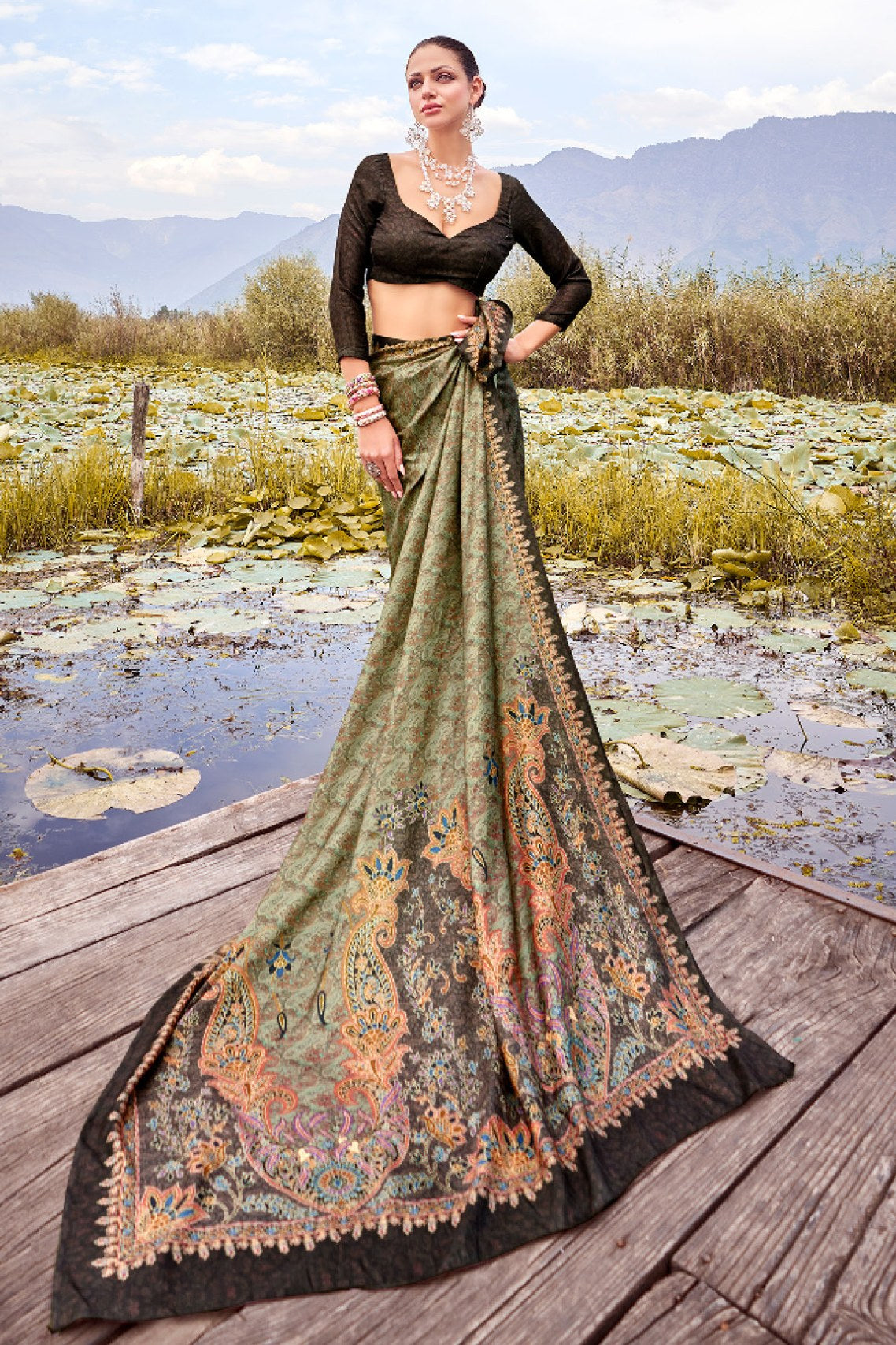 Buy MySilkLove Flax Smoke Green Printed Pashmina Silk Saree Online