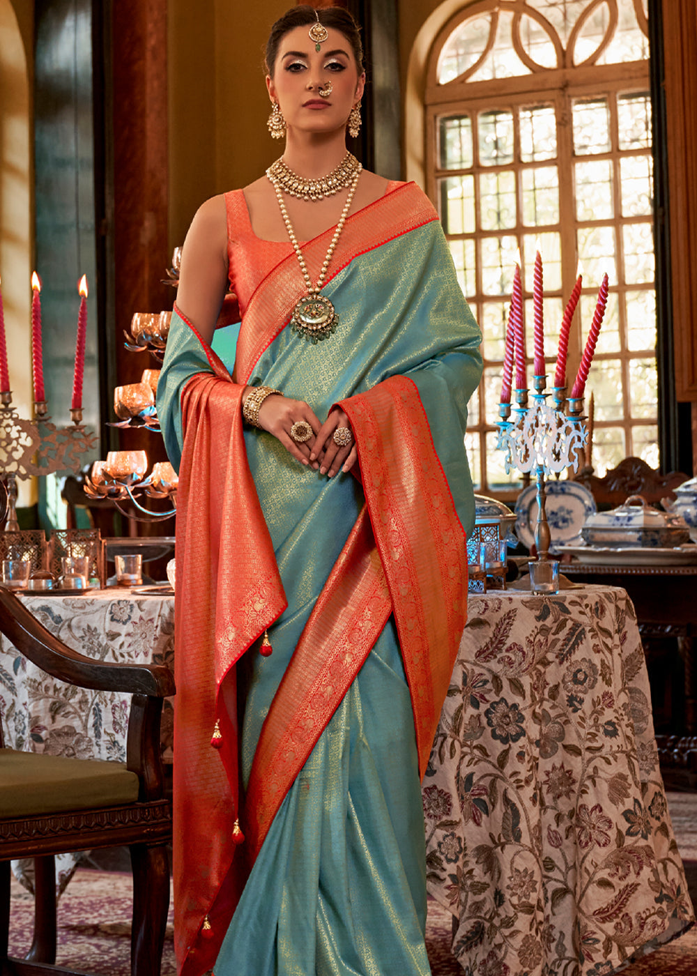 Buy MySilkLove Stromboli Blue and Orange Woven Kanjivaram Saree Online