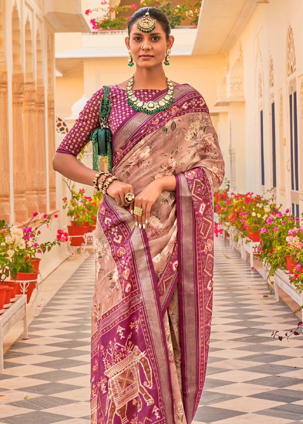 Buy MySilkLove Stiletto Purple Printed Chiffon Patola Silk Saree Online