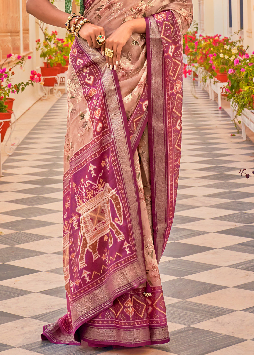 Buy MySilkLove Stiletto Purple Printed Chiffon Patola Silk Saree Online