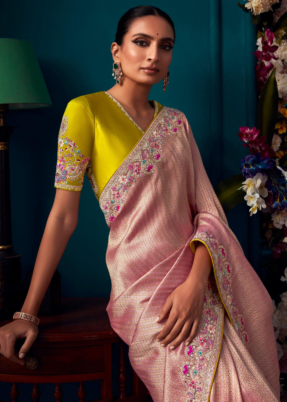 MySilkLove Desert Sand Pink Woven Embroidered Banarasi Silk Saree