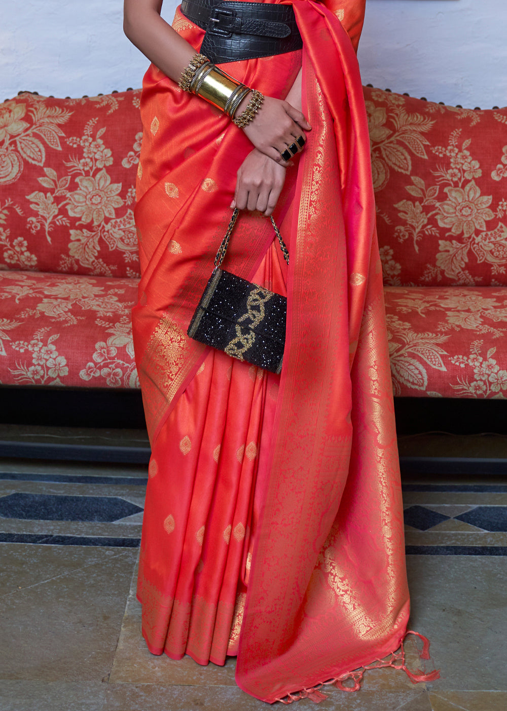 Buy MySilkLove Sunset Orange Dual Tone Zari Woven Banarasi Saree Online