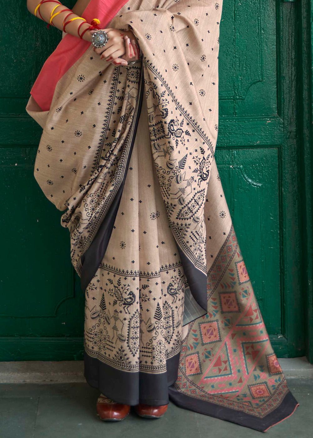 Buy MySilkLove Vanilla Cream and Pink Printed Designer Banarasi Saree Online