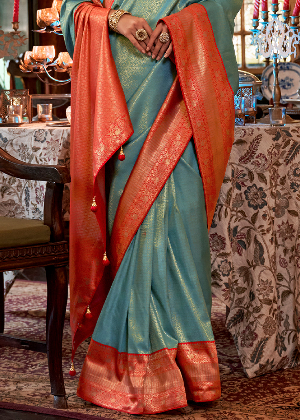 Buy MySilkLove Stromboli Blue and Orange Woven Kanjivaram Saree Online