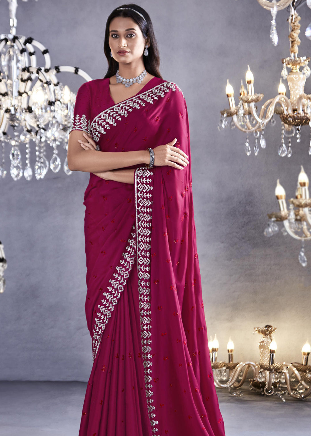 Buy MySilkLove Hibiscus Pink Woven Embroidered Satin Silk Saree Online