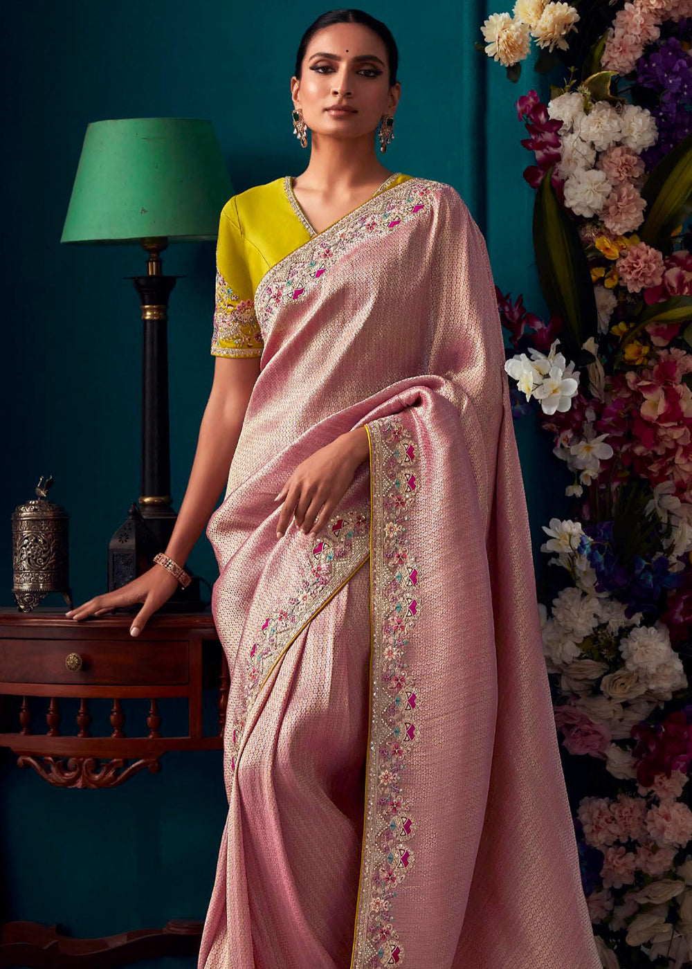 Buy MySilkLove Desert Sand Pink Woven Embroidered Banarasi Silk Saree Online