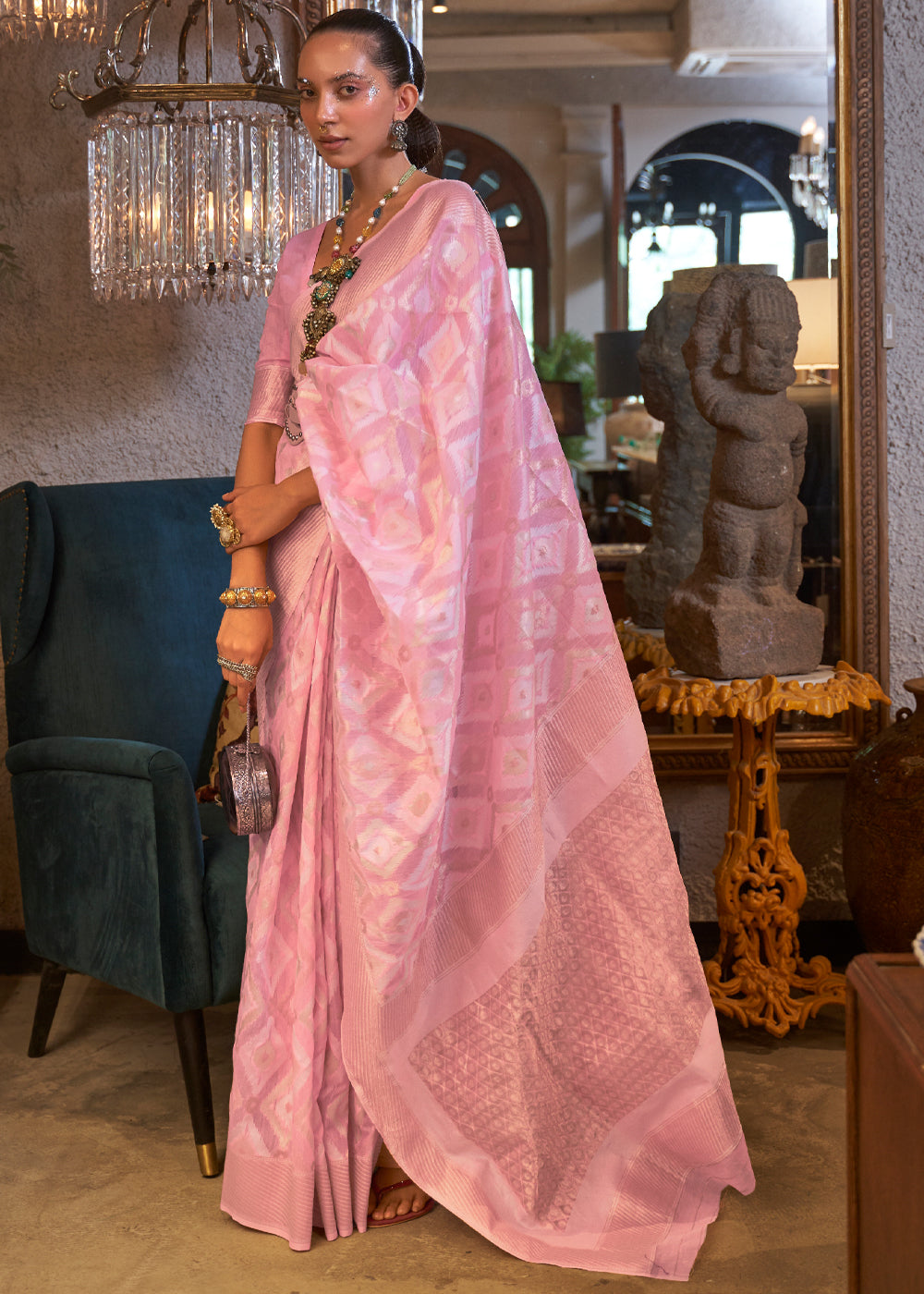 MySilkLove Azalea Pink Woven Banarasi Linen Silk Saree