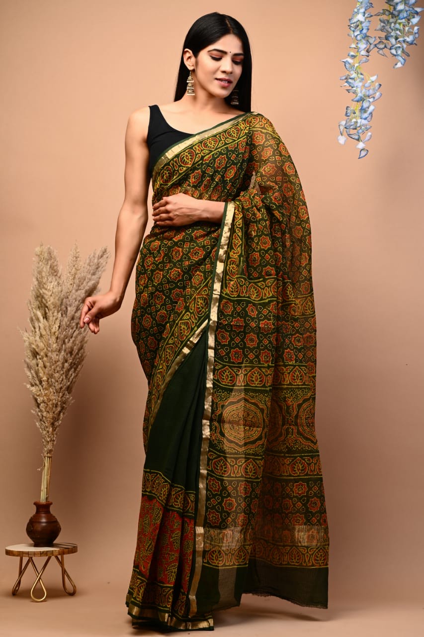 Buy MySilkLove Fiery Orange and Black Handblock Kota Doriya Saree Online