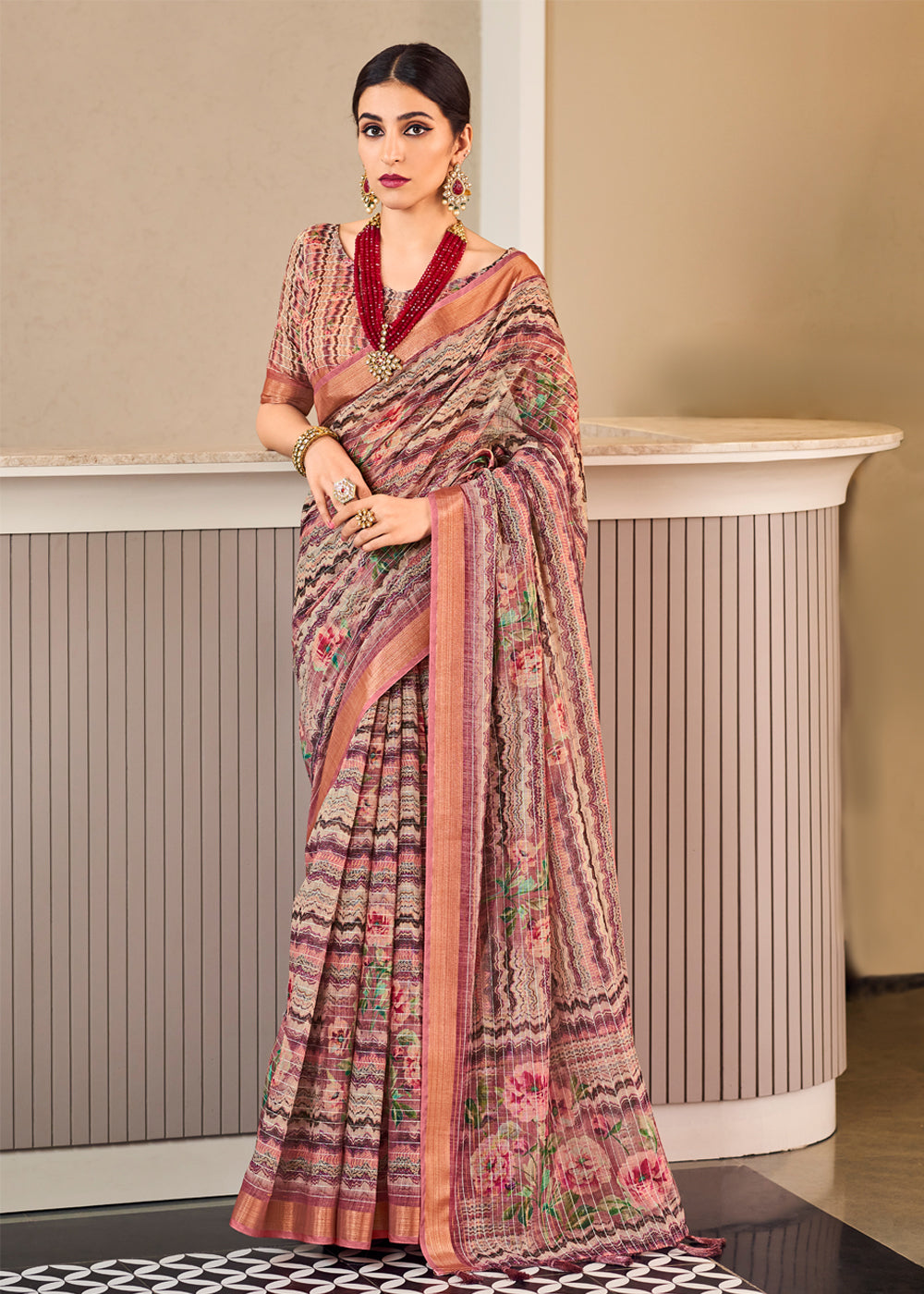 Buy MySilkLove Quicksand Purple Linen Saree with Digital Print Online