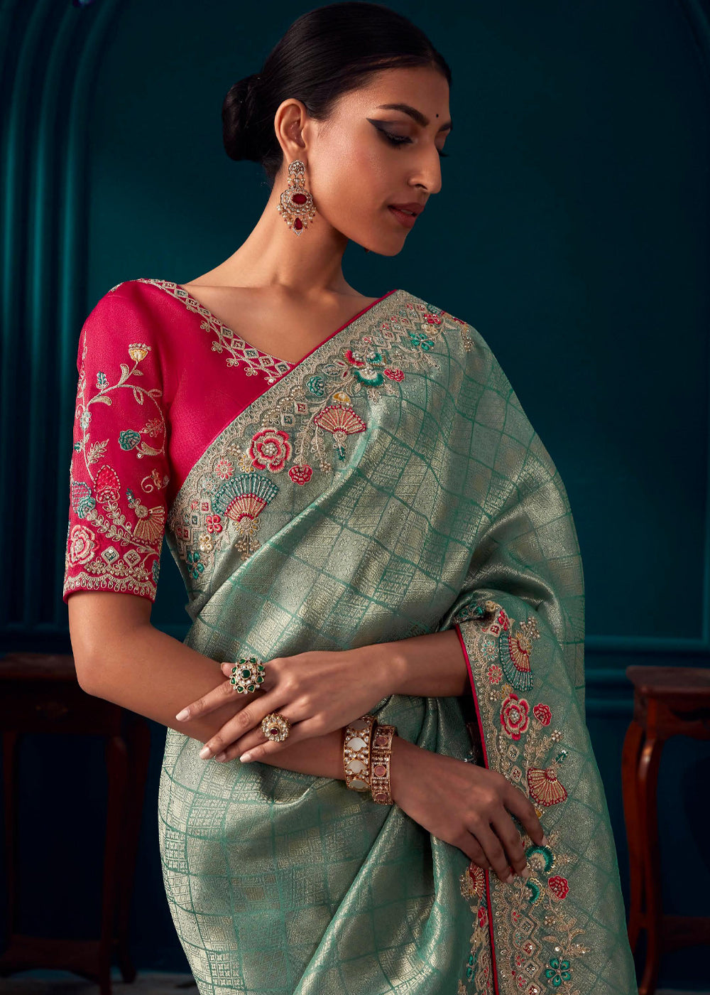 Buy MySilkLove Gum Leaf Blue Woven Embroidered Banarasi Silk Saree Online