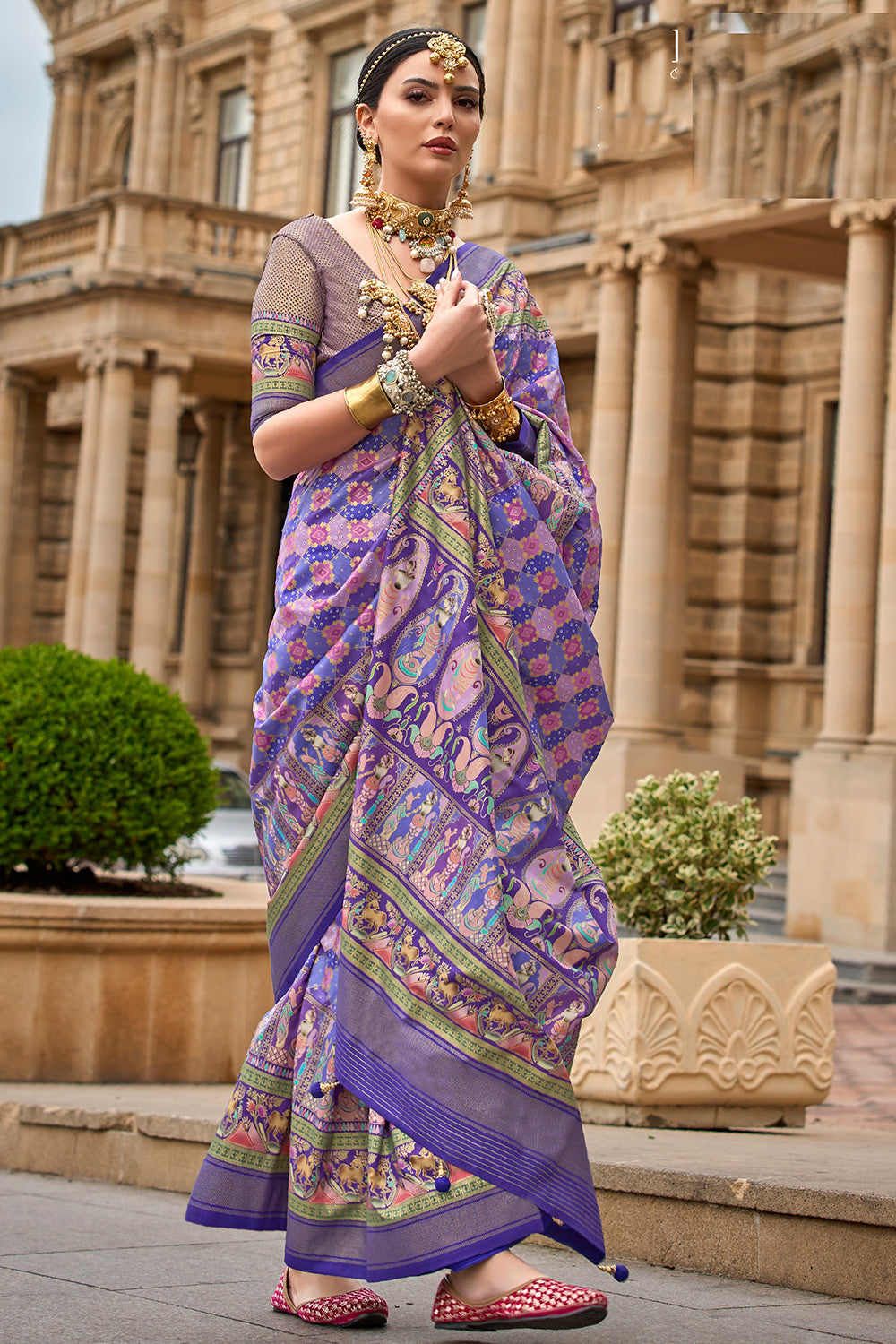 Buy MySilkLove Butterfly Bush Purple Handloom Printed Patola Silk Saree Online