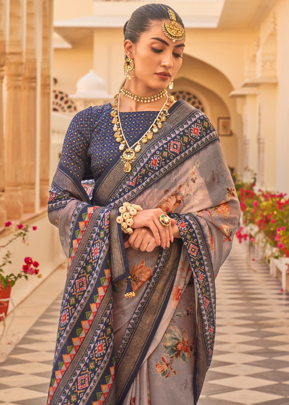 MySilkLove Beaver Grey Printed Chiffon Patola Silk Saree