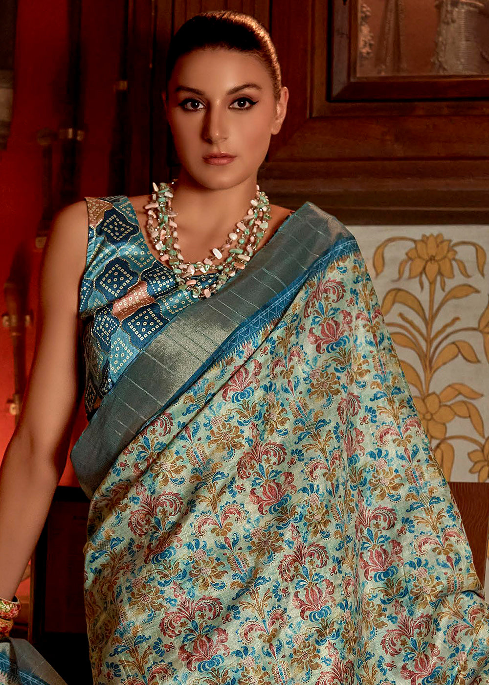 Buy MySilkLove Mineral Blue Printed Banarasi Saree Online