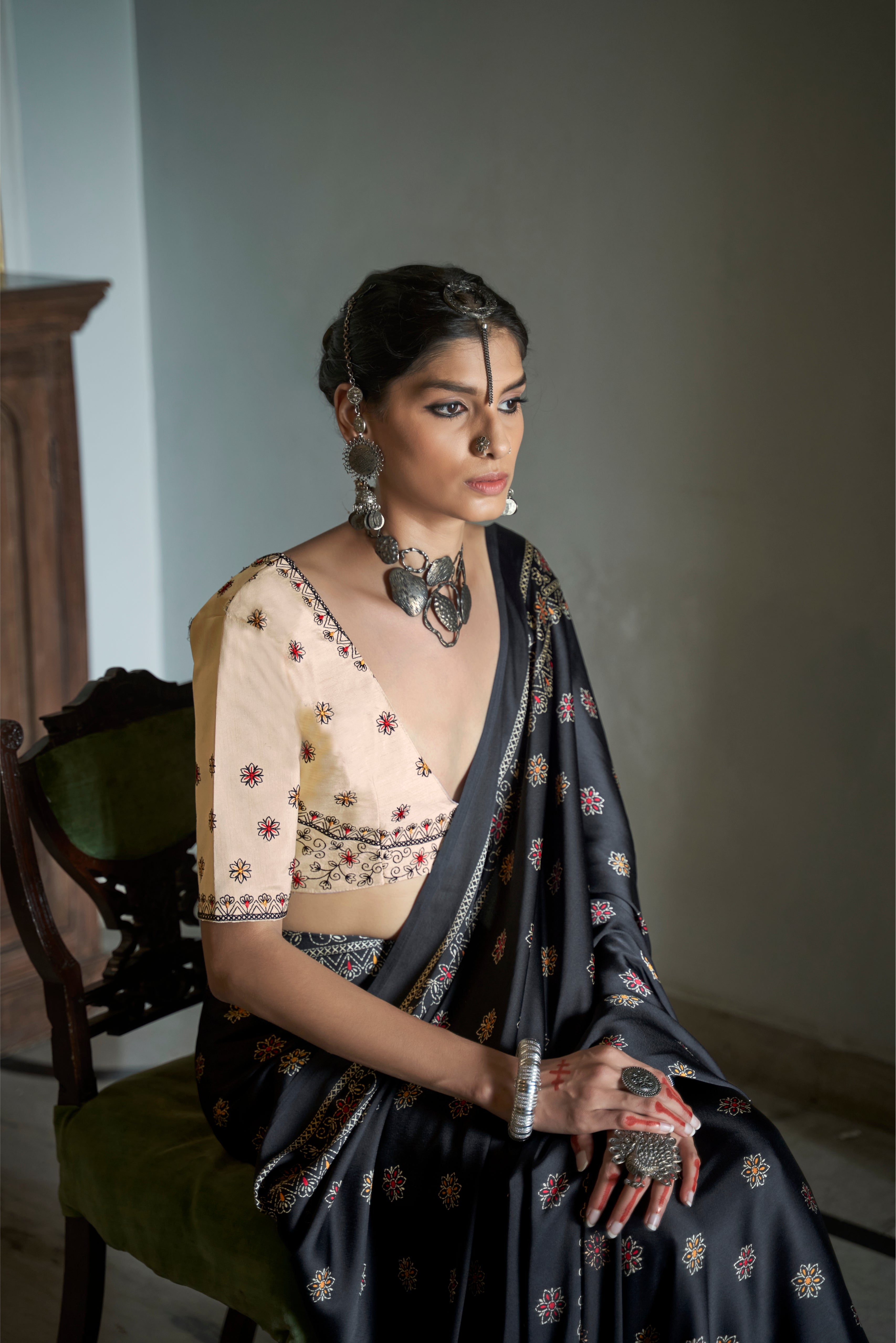 Buy MySilkLove Charade Black Gajji Silk Saree with embroidery blouse Online