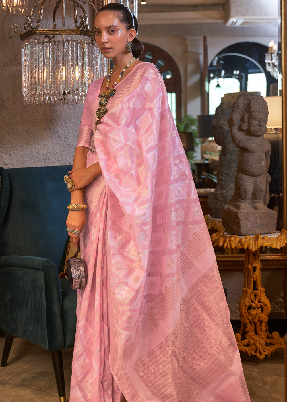 Buy MySilkLove Azalea Pink Woven Banarasi Linen Silk Saree Online