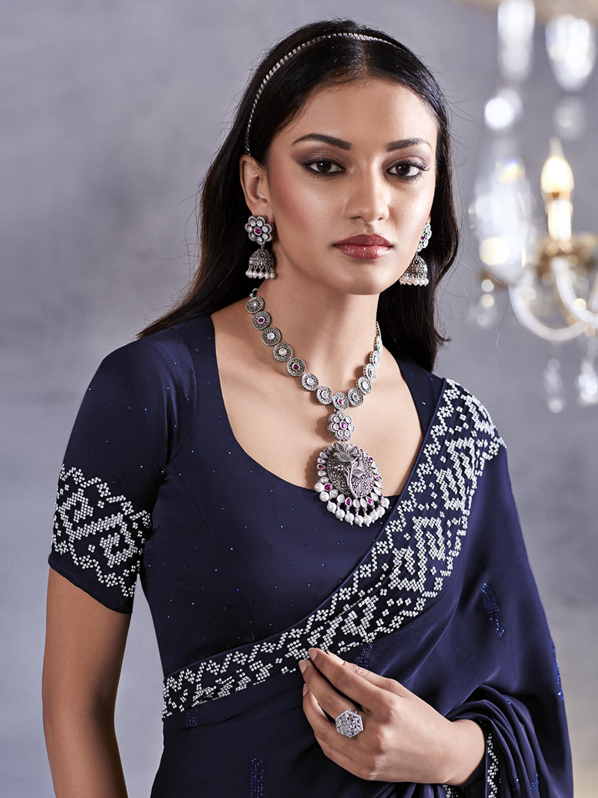 Buy MySilkLove Tuna Blue Woven Embroidered Satin Silk Saree Online