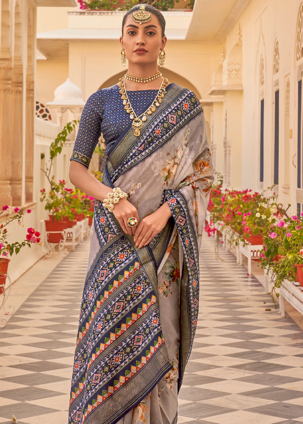 Buy MySilkLove Beaver Grey Printed Chiffon Patola Silk Saree Online