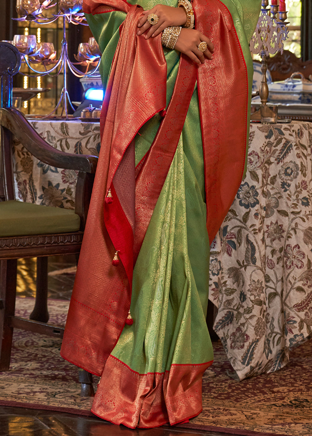 Buy MySilkLove Asparagus Green and Red Woven Kanjivaram Saree Online