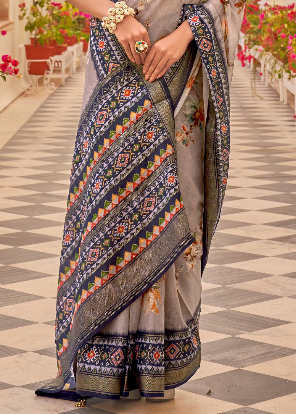 Buy MySilkLove Beaver Grey Printed Chiffon Patola Silk Saree Online