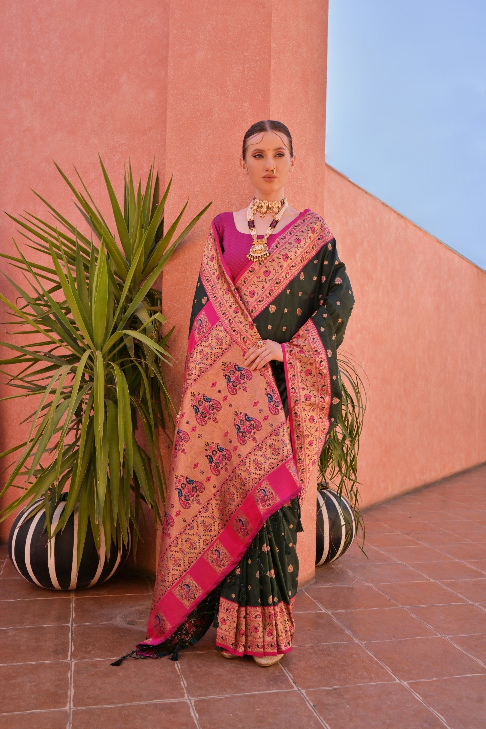 MySilkLove Zeus Dark Green and Pink Zari Woven Paithani Saree