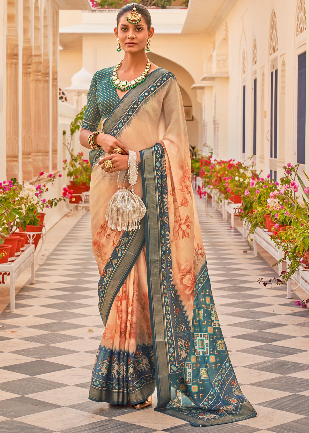 Buy MySilkLove Tumbleweed Peach Printed Chiffon Patola Silk Saree Online