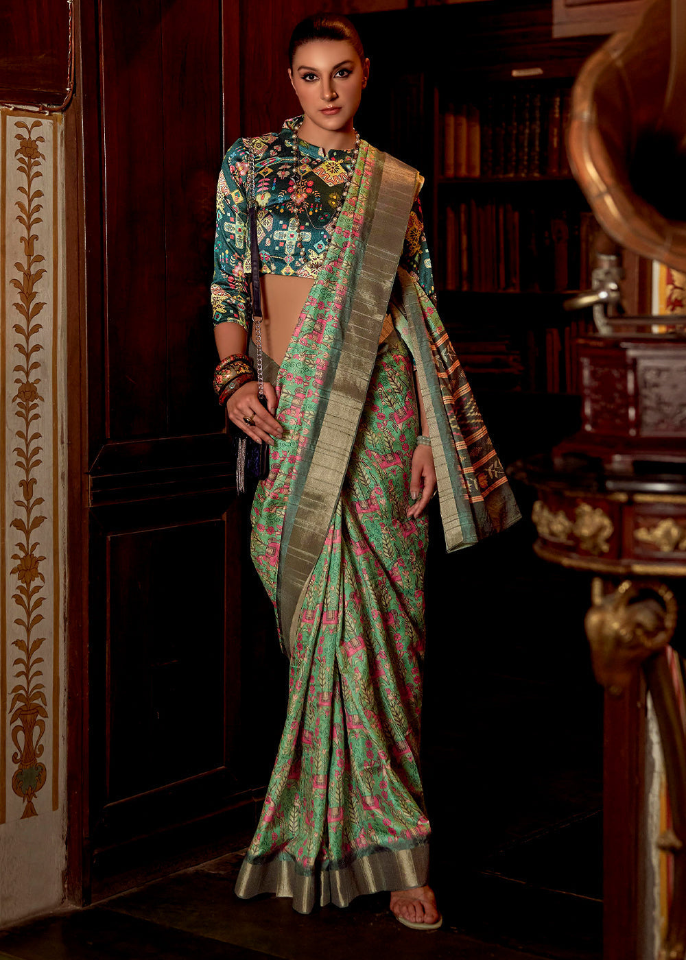Buy MySilkLove Highland Green Printed Banarasi Saree Online