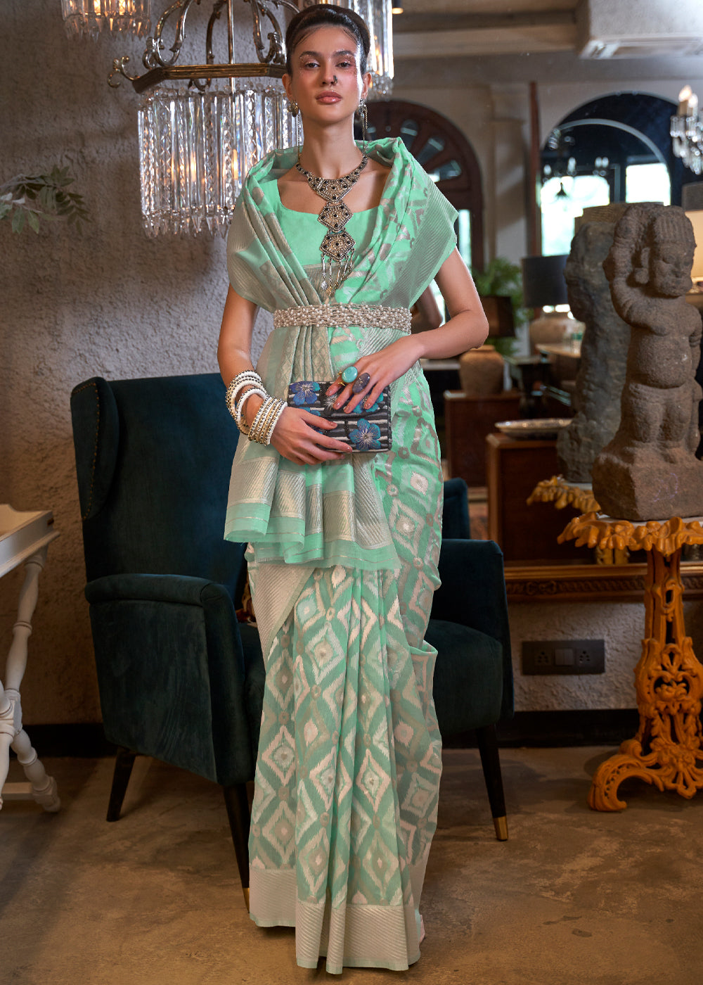 MySilkLove Bay Leaf Green Woven Banarasi Linen Silk Saree
