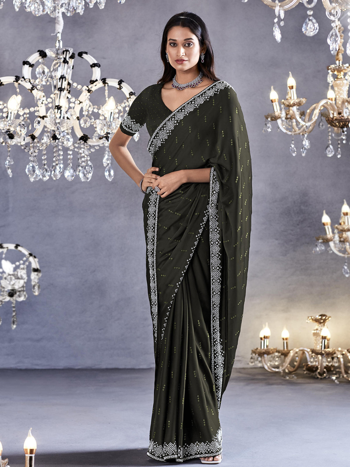 Buy MySilkLove Rangitoto Green Woven Embroidered Satin Silk Saree Online