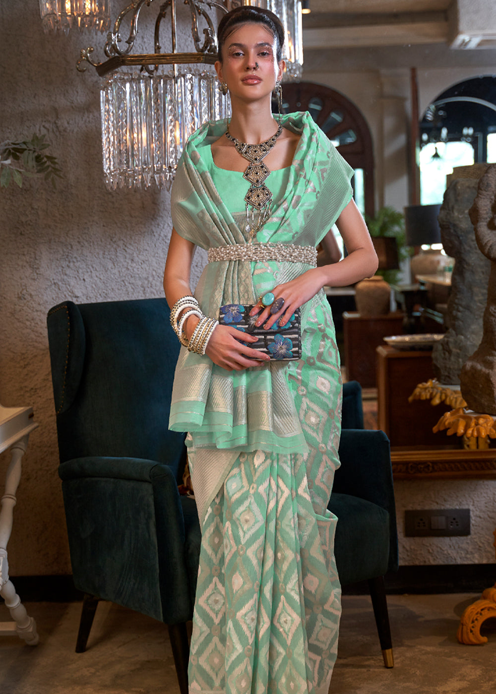 Buy MySilkLove Bay Leaf Green Woven Banarasi Linen Silk Saree Online