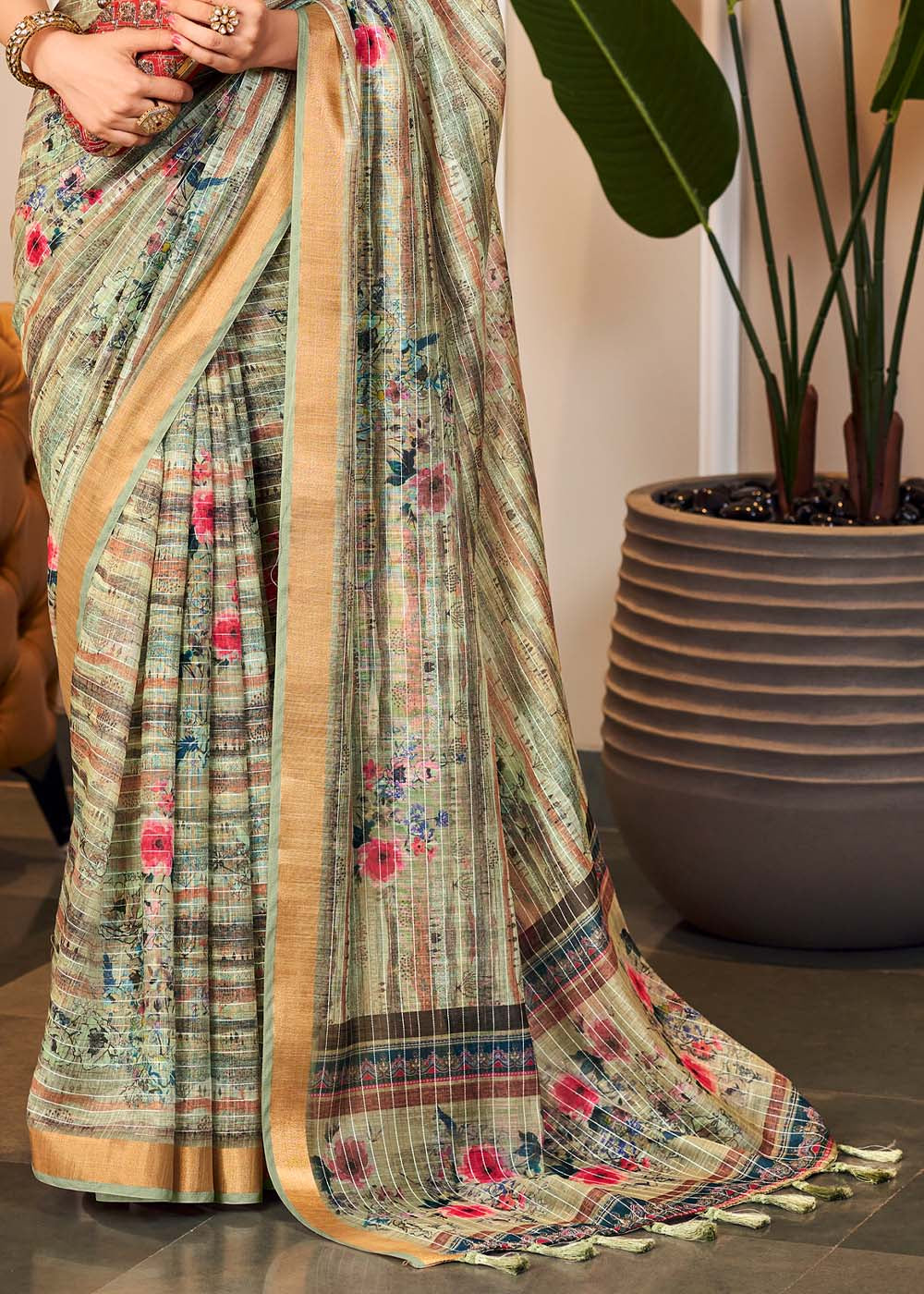 Buy MySilkLove Tallow Green Linen Saree with Digital Print Online
