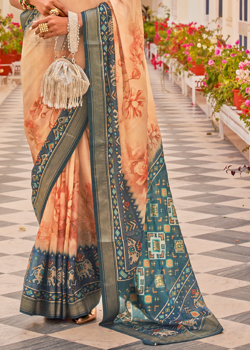 Buy MySilkLove Tumbleweed Peach Printed Chiffon Patola Silk Saree Online