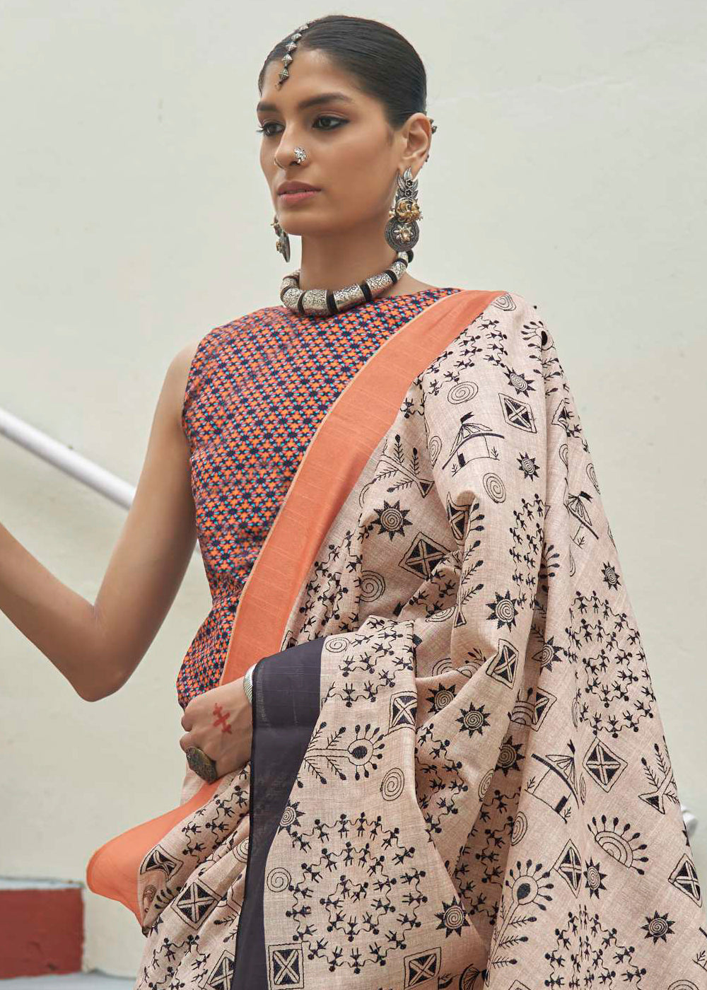 Buy MySilkLove Sisal Cream and Orange Printed Designer Banarasi Saree Online