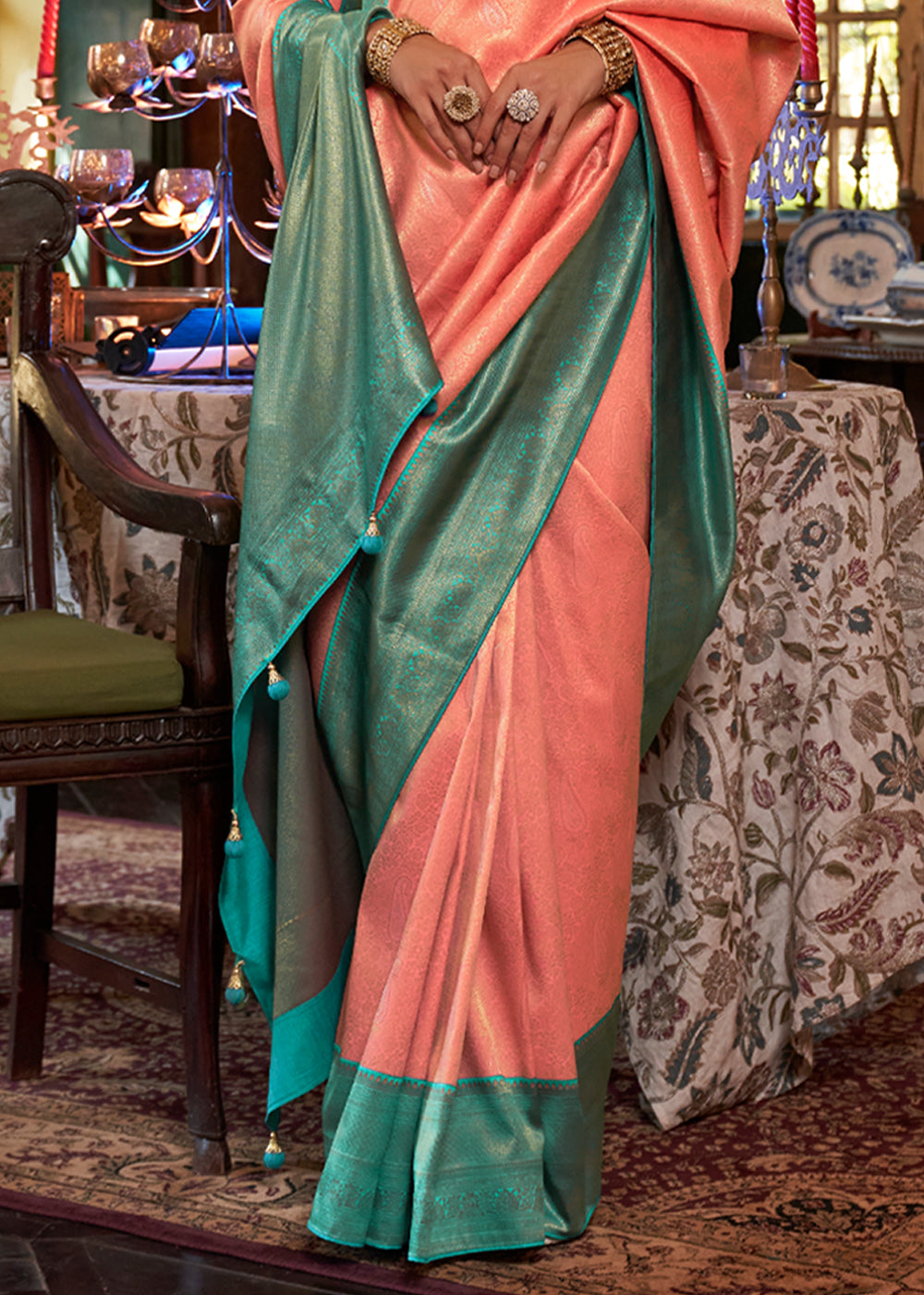 Buy MySilkLove Vivid Peach and Blue Woven Kanjivaram Saree Online