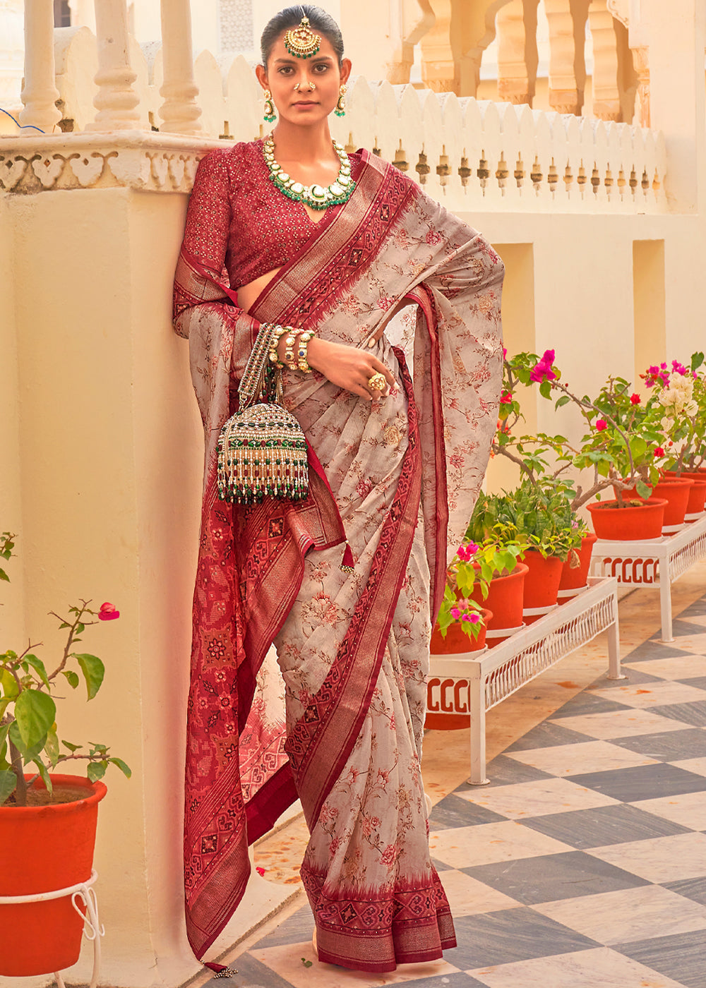 Buy MySilkLove Medium Carmine Maroon Printed Chiffon Patola Silk Saree Online