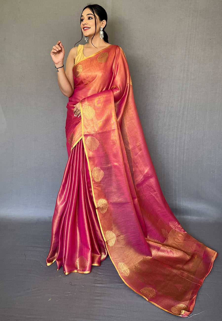 Buy MySilkLove Jelly Bean Pink Zari Woven Banarasi Tissue Silk Saree Online