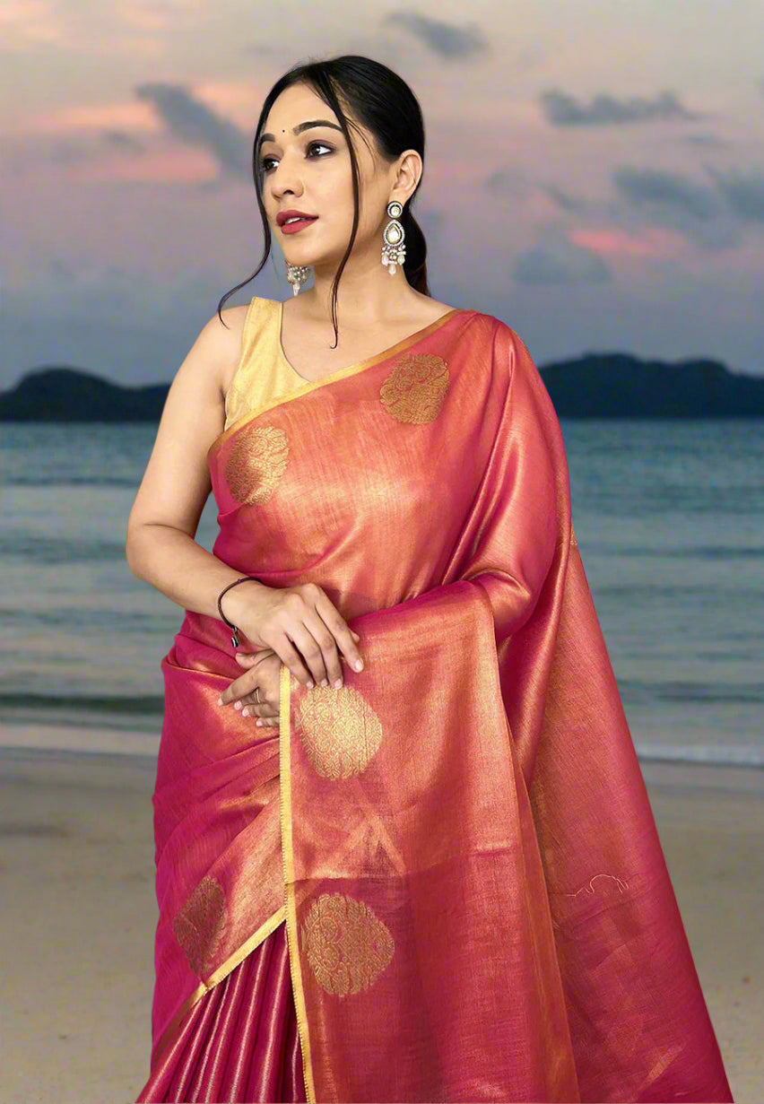 Buy MySilkLove Jelly Bean Pink Zari Woven Banarasi Tissue Silk Saree Online