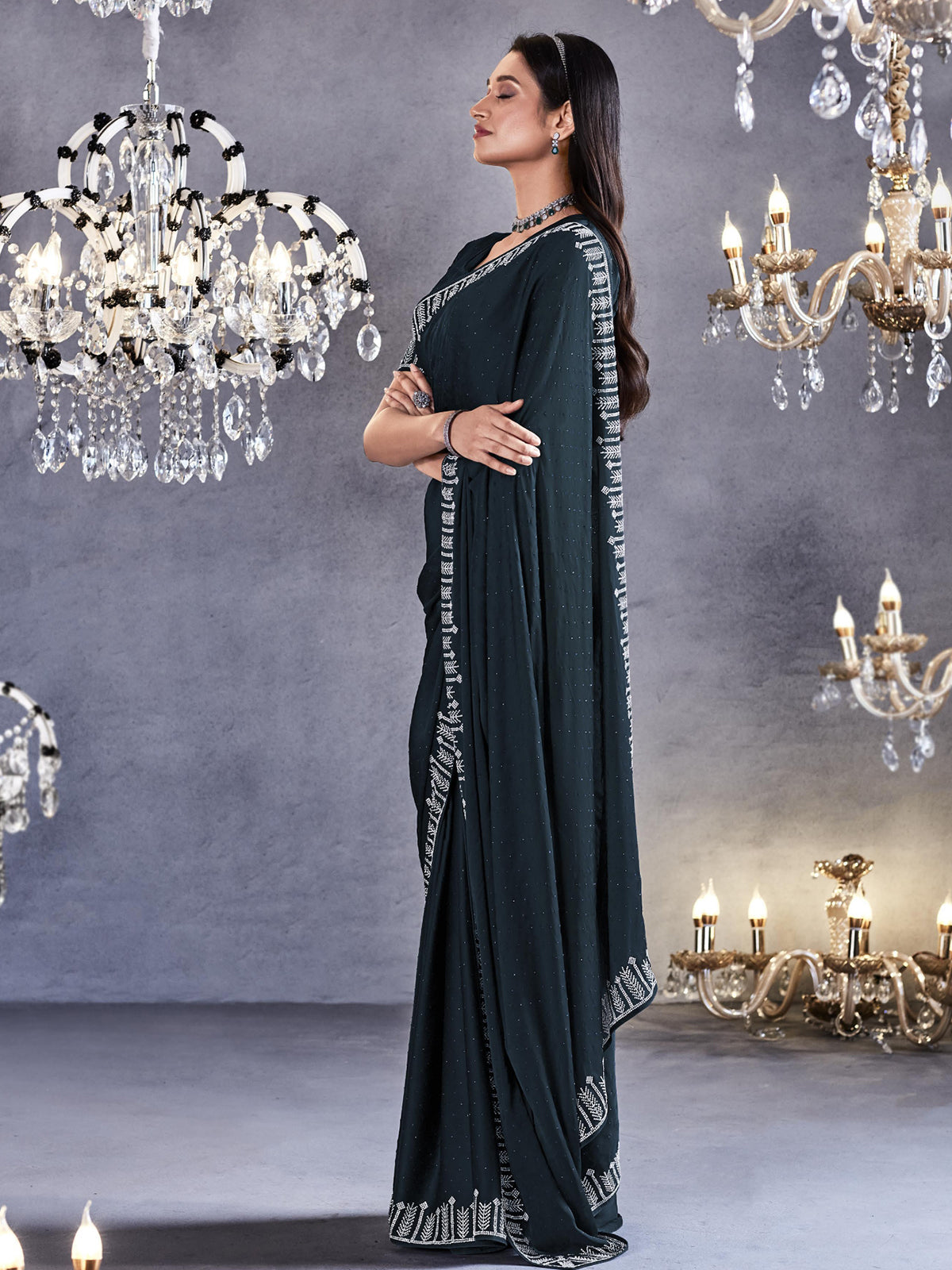 Buy MySilkLove Limed Spruce Grey Woven Embroidered Satin Silk Saree Online