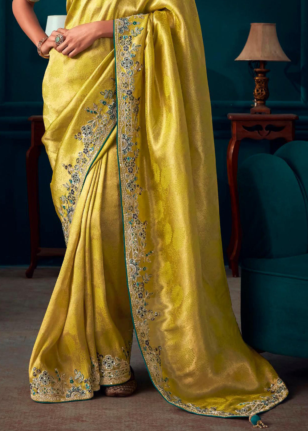 Buy MySilkLove Turmeric Yellow Woven Embroidered Banarasi Silk Saree Online