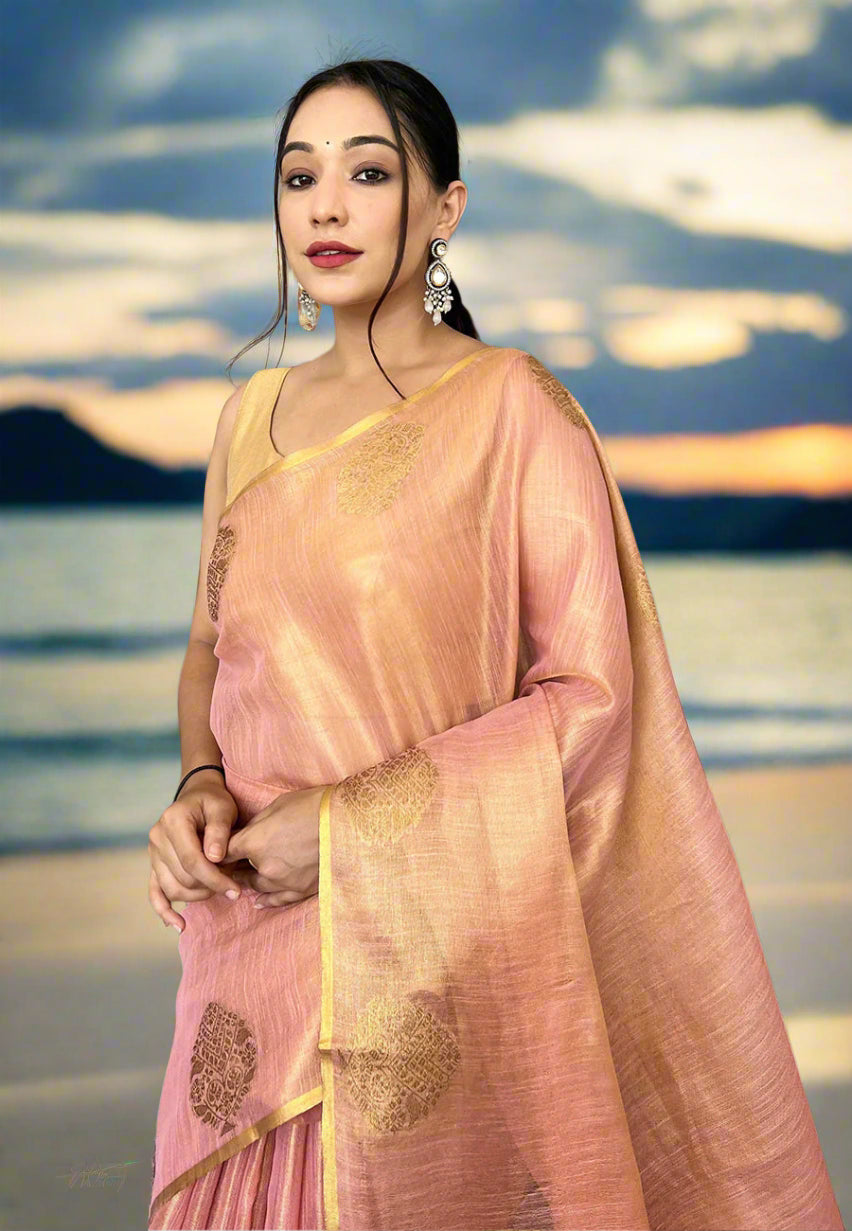 Buy MySilkLove Lumber Pink Zari Woven Banarasi Tissue Silk Saree Online