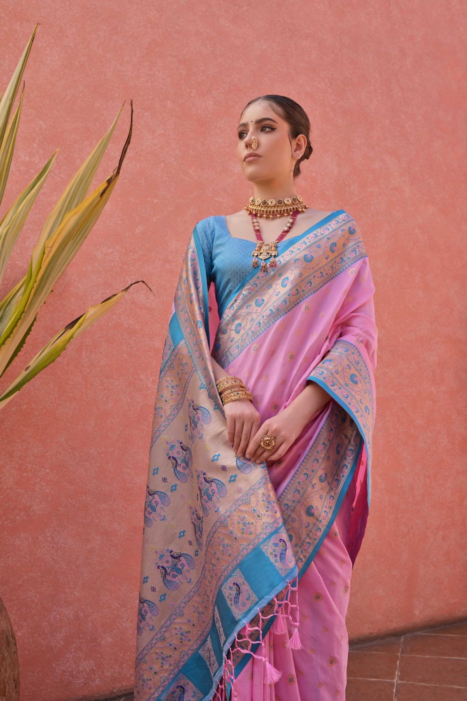 Buy MySilkLove Candy Pink and Blue Zari Woven Paithani Saree Online