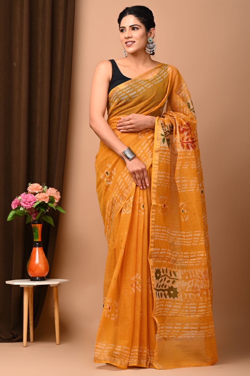 Buy MySilkLove Peru Tan Yellow Handblock Kota Doriya Saree Online